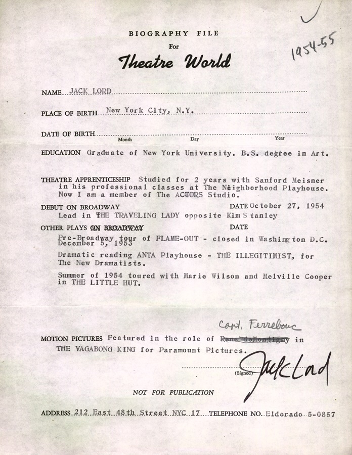 Theater World Biographies - Jack Lord Signed Biographical Sheet