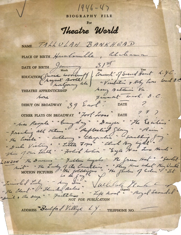 Theater World Biographies - Tallulah Bankhead Signed Biographical Sheet