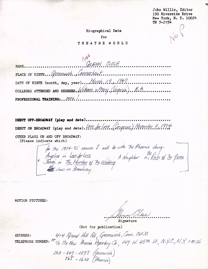 - Glenn Close Signed Biographical Sheet