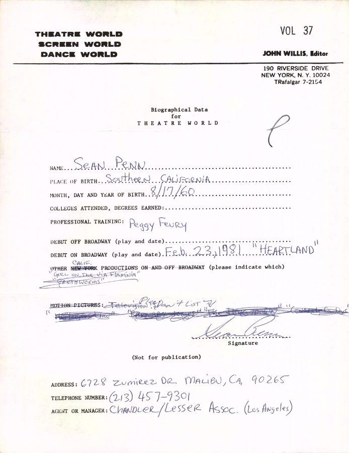 - Sean Penn Signed Biographical Sheet