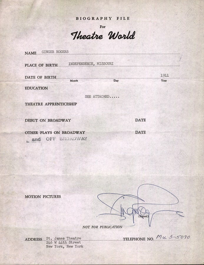 Theater World Biographies - Ginger Rogers Signed Biographical Sheet