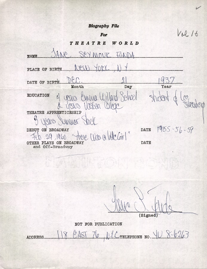 Theater World Biographies - Jane Fonda Signed Biographical Sheet