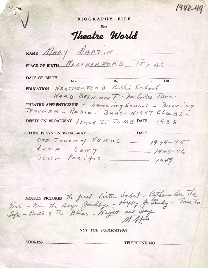 Theater World Biographies - Mary Martin Signed Biographical Sheet