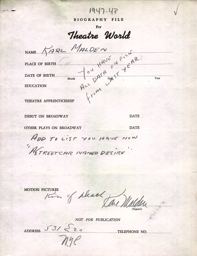 Theater World Biographies - Karl Malden Signed Biographical Sheet