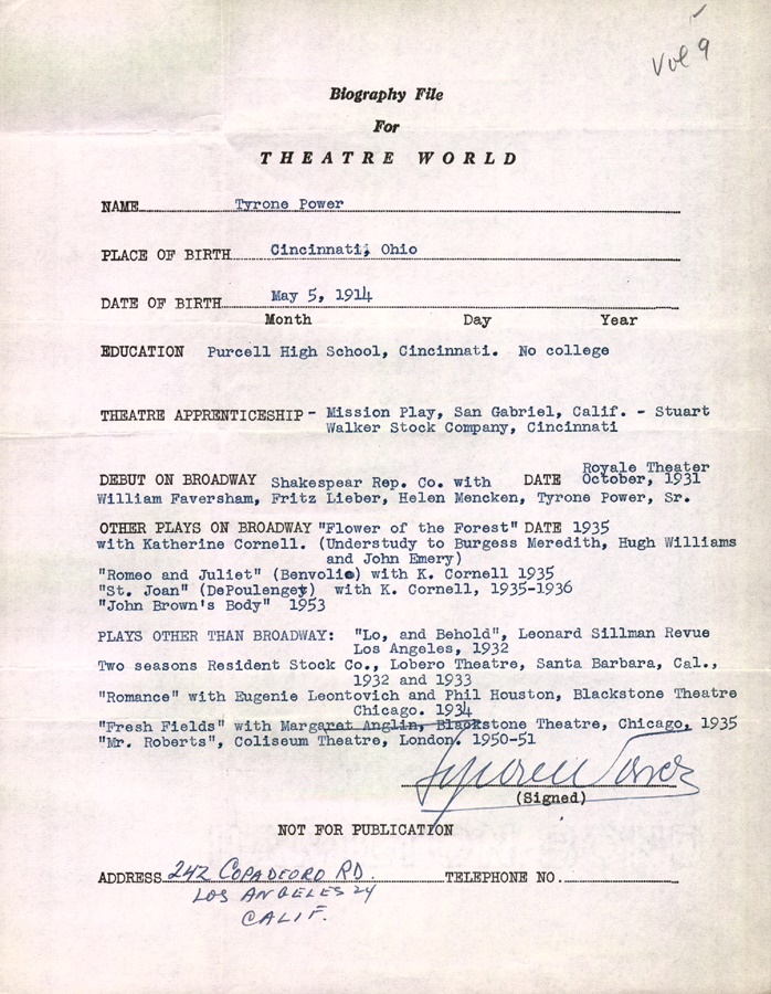- Tyrone Power Signed Biographical Sheet