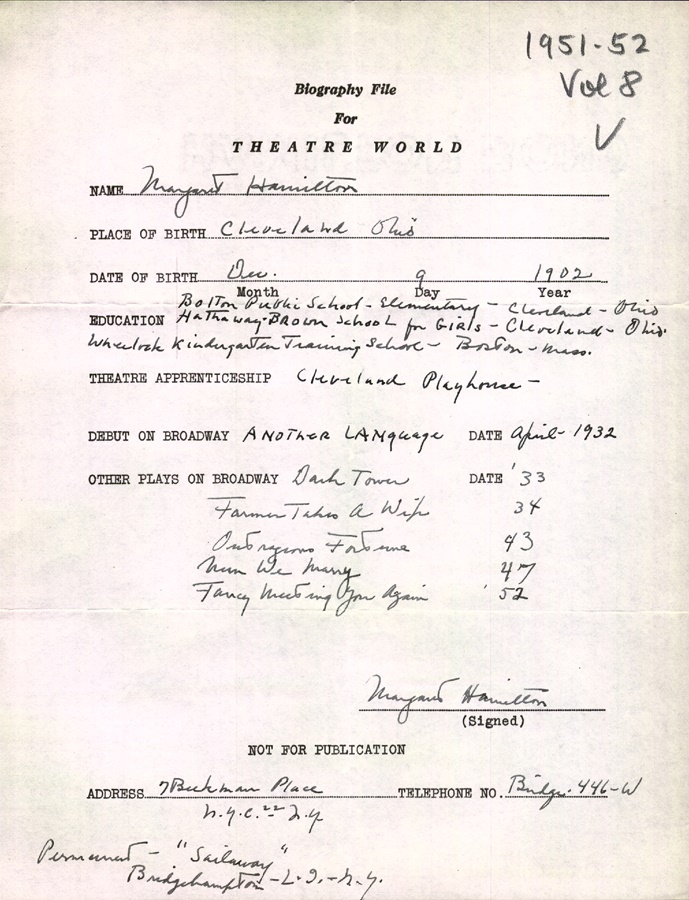 Margaret Hamilton Signed Biographical Sheet