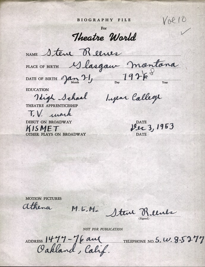 Theater World Biographies - Steve Reeves Signed Biographical Sheet