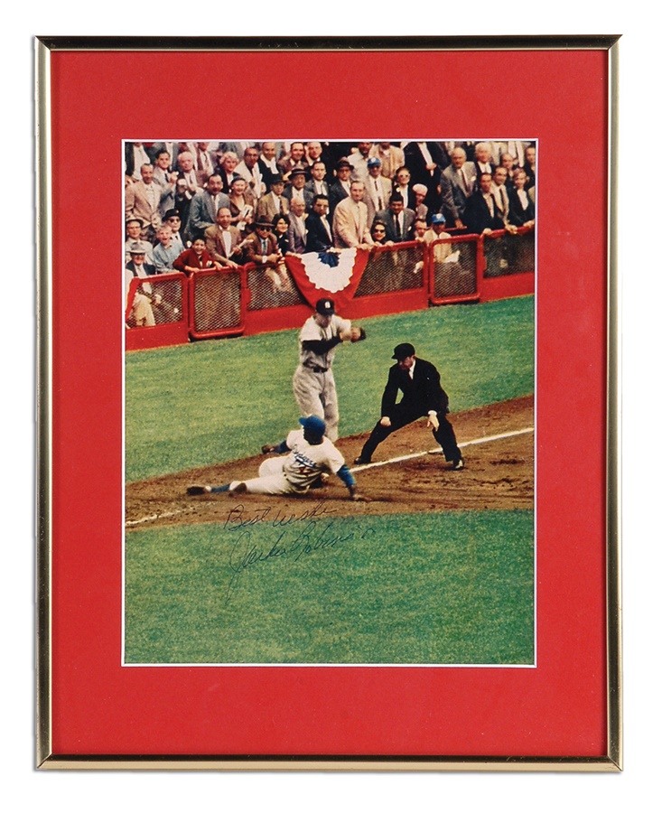 Baseball Autographs - Jackie Robinson Sliding Signed Magazine Page