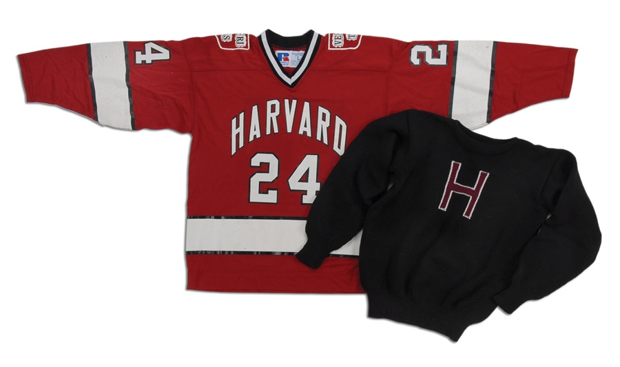 Hockey - Circa 1986 Allen Bourbeau Harvard University Game Worn Jersey and Sweater