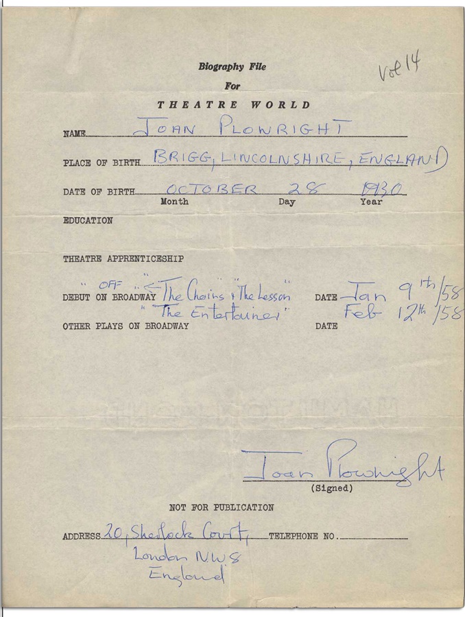 Theater World Biographies - British Film & Theater Actors Signed & Handwritten Questionnaires (23)