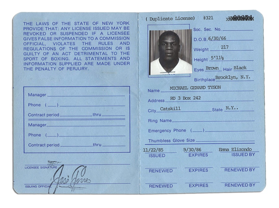 The Steve Lott Boxing Collection - Tyson's First Professional Boxing License (NY)