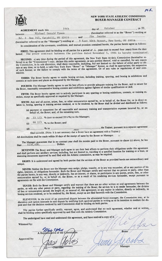 The Steve Lott Boxing Collection - Tyson's Second Boxer-Manager Contract (1986)