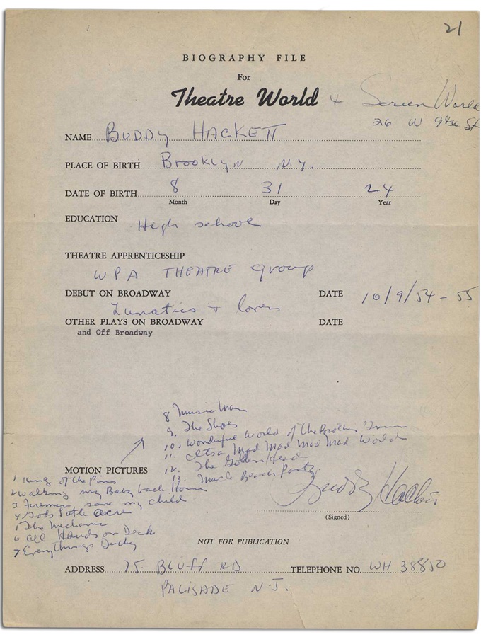 Theater World Biographies - Great Comedians Signed & Handwritten Questionnaires (18)