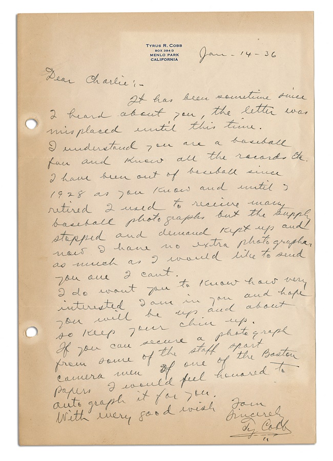 Baseball Autographs - Ty Cobb Signed Letter