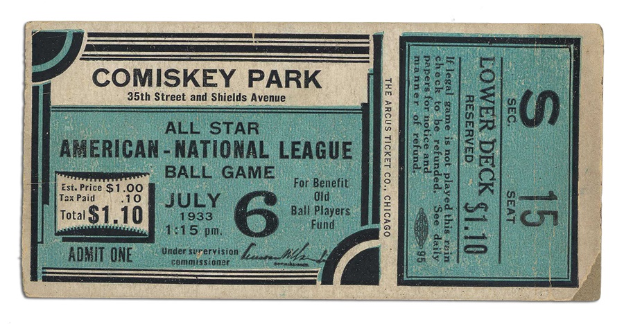 Baseball Memorabilia - 1933 Baseball All-Star Game Ticket
