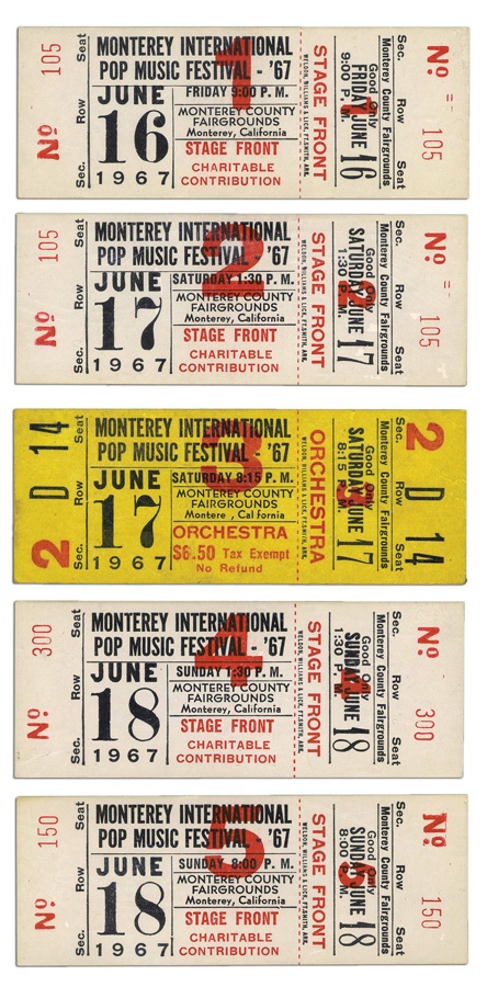 Rock 'n'  Roll - Complete Set of All Five 1967 Monterey Pop Festival Tickets