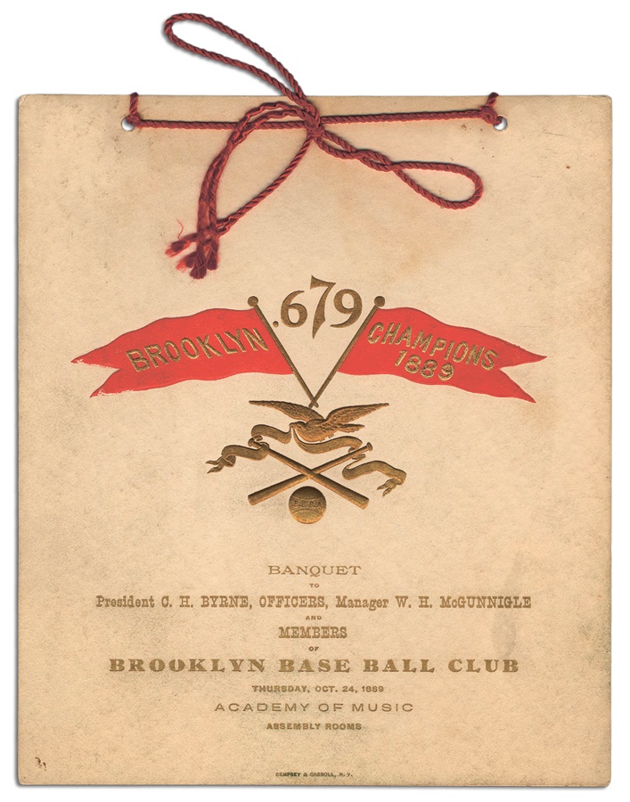 19th Century - 1889 World Series Brooklyn Bridegrooms Championship Dinner Program