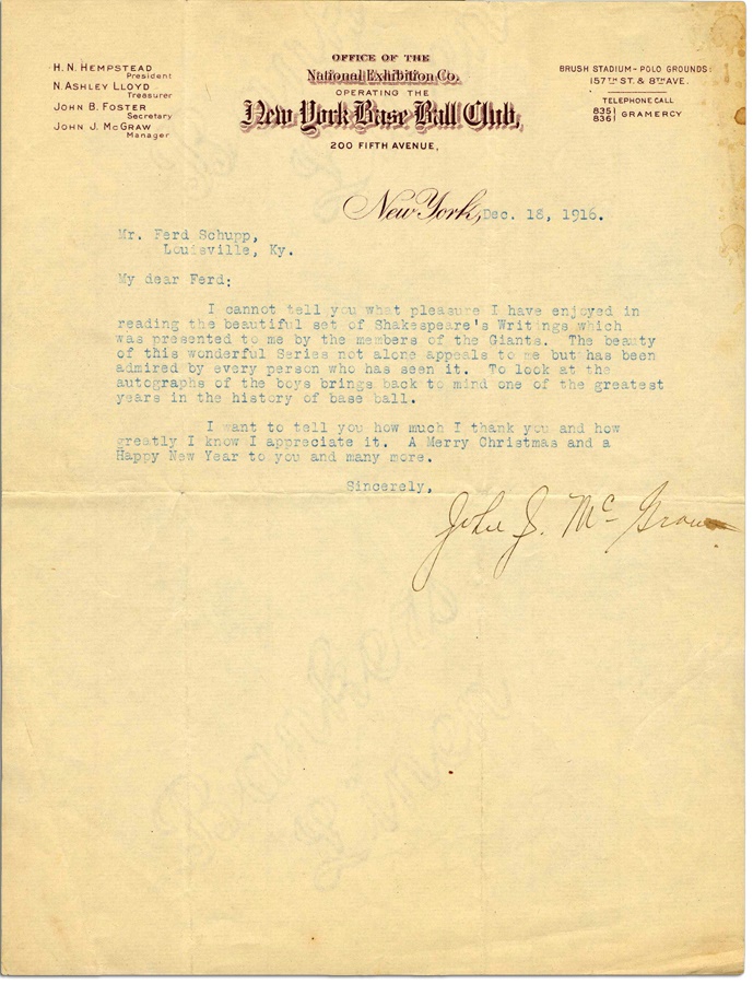 The Ferdie Schupp Collection - 1916 John McGraw Signed Letter