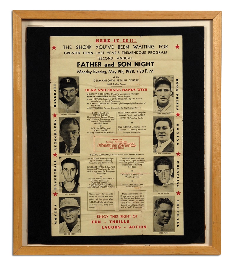 Jewish Baseball History - 1938 Father & Son Night Poster with Hank Greenberg