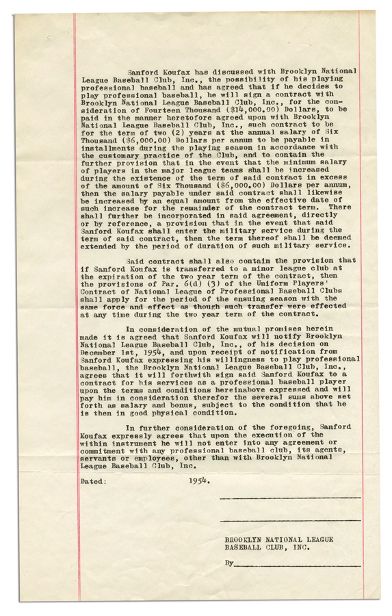 Jewish Baseball History - Sandy Koufax Rookie Paperwork