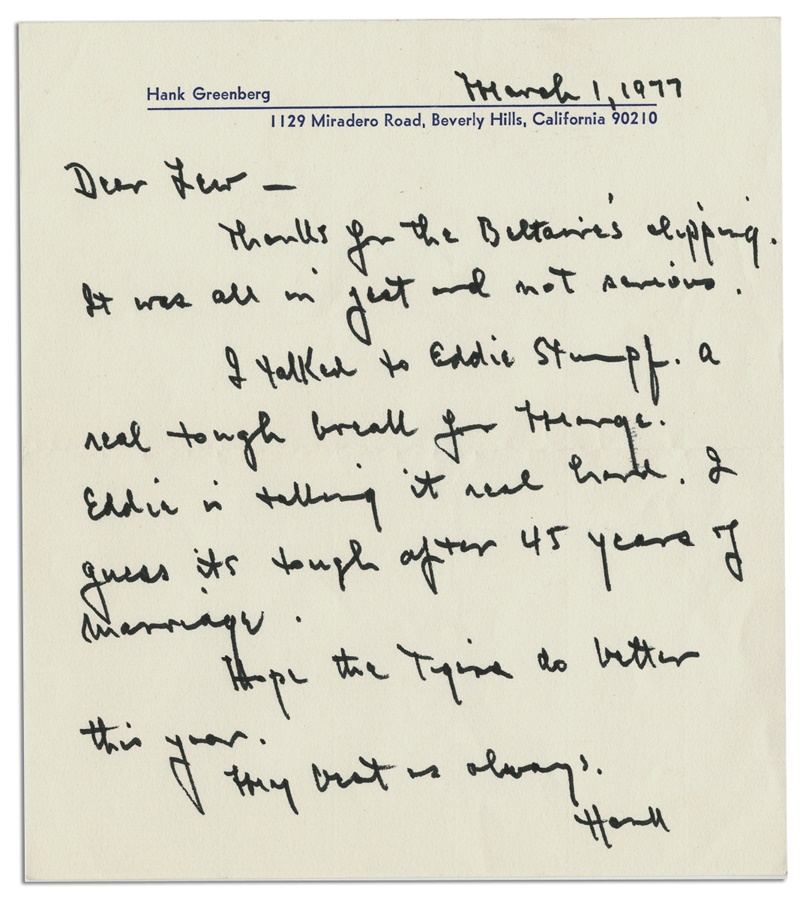 Jewish Baseball History - Hank Greenberg Handwritten Letters
