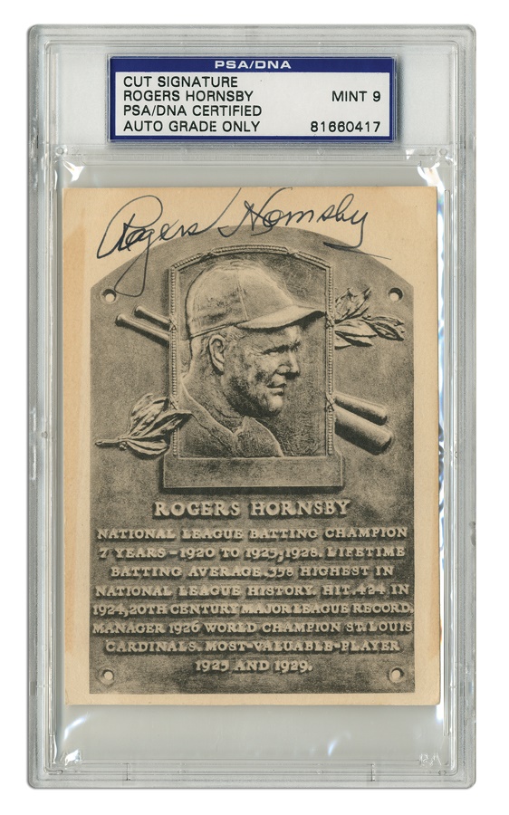 Baseball Autographs - Rogers Hornsby Signed Hall of Fame Plaque Postcard - PSA MT 9