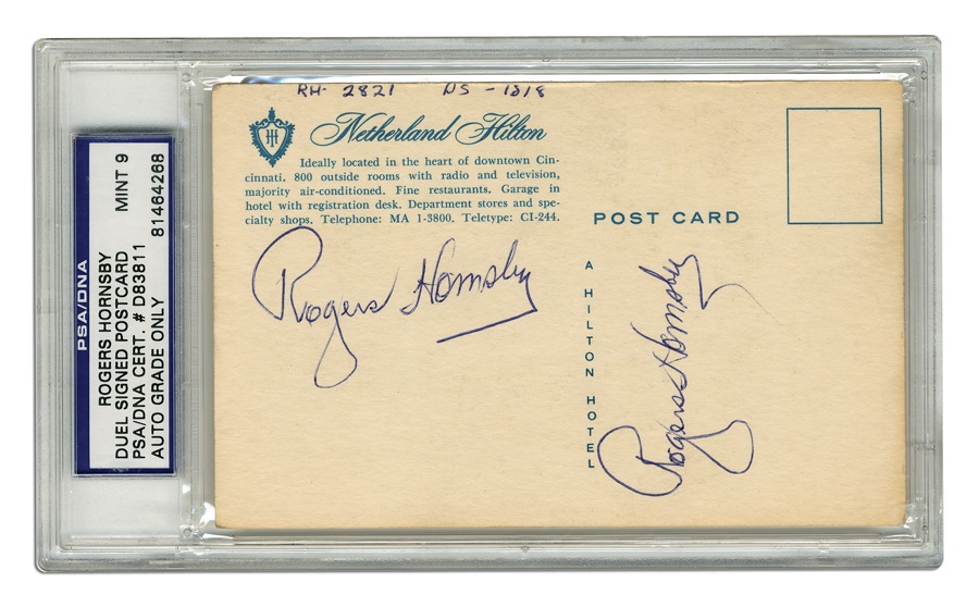 Baseball Autographs - Rogers Hornsby Dual-Signed Postcard - PSA MT 9