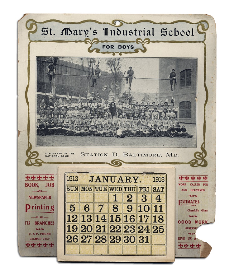 Ruth and Gehrig - 1913 St. Mary's Industrial School Calendar with Baseball Team
