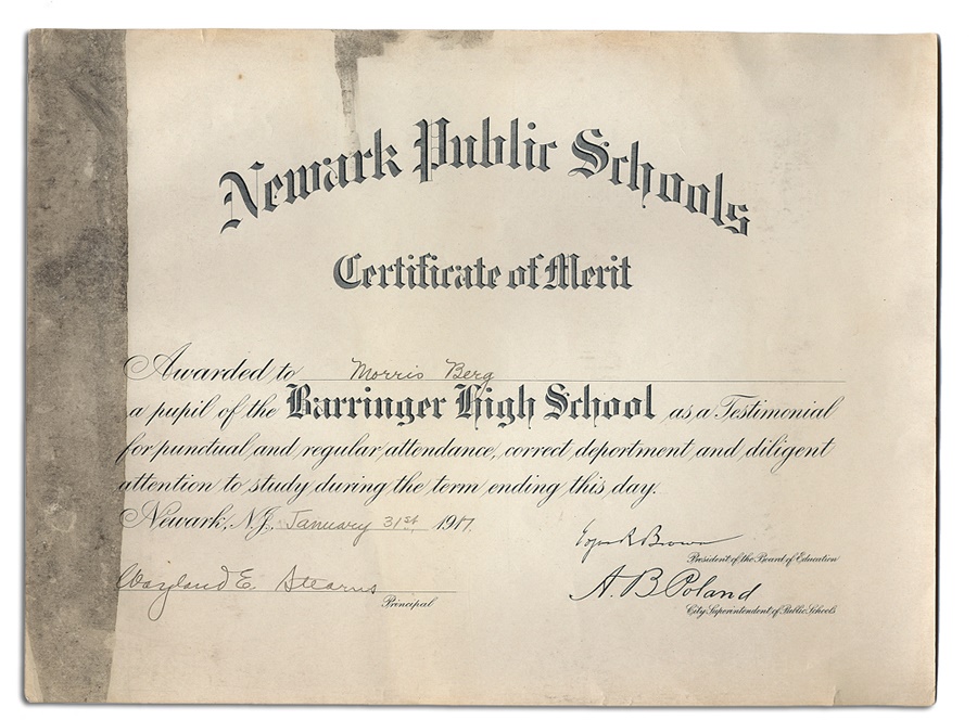 Baseball Memorabilia - Moe Berg's High School Diploma