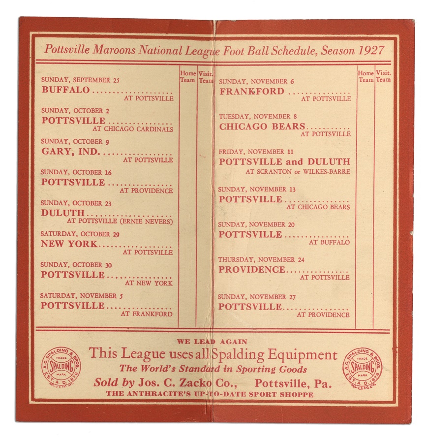 Pottsville Maroons - 1927 Pottsville Maroons Schedule