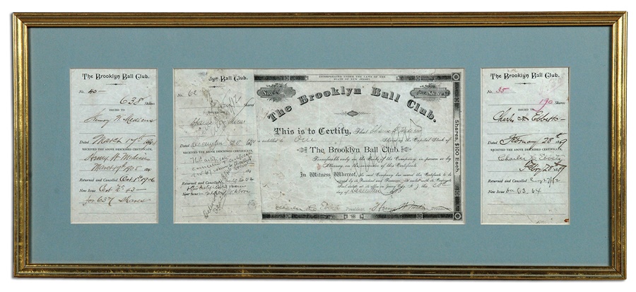 The Sal LaRocca Collection - Important 1910 Brooklyn Baseball Club Stock Certificate and Related Receipts