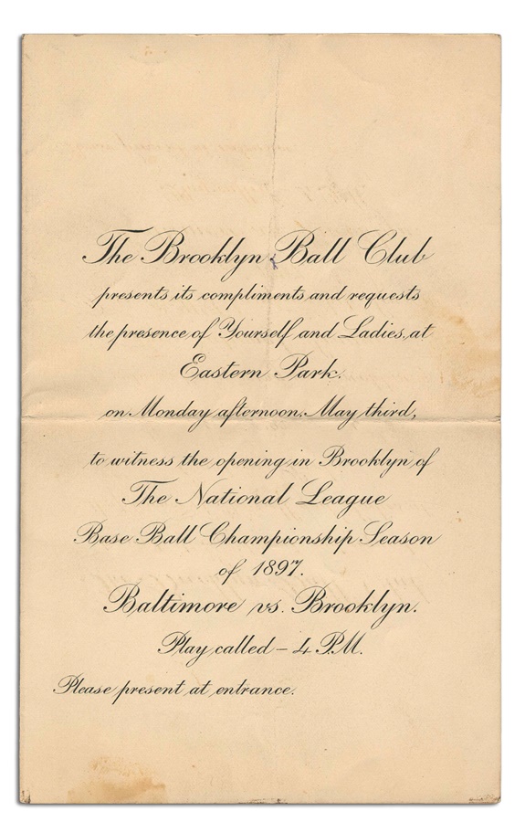 The Sal LaRocca Collection - 1897 Eastern Park Brooklyn vs. Baltimore Opening Day Invitation