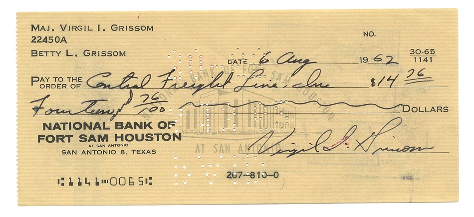Rock And Pop Culture - 1962 Virgil "Gus" Grissom Signed Bank Check