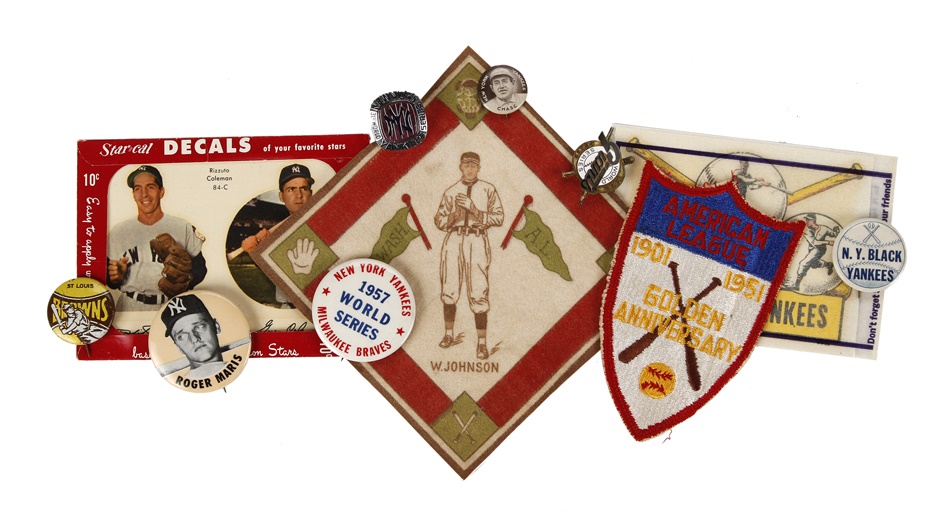 Baseball Memorabilia - Baseball Collection With Pin Backs, Star Cal Decals, and B18 Blankets Including Walter Johnson(50+)