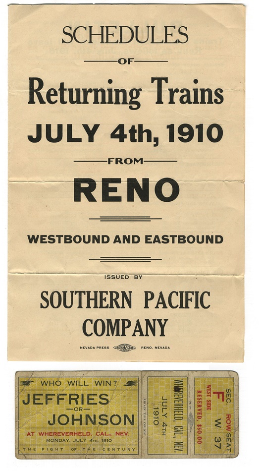 1910 Jack Johnson vs. James Jeffries Postcard and Train Schedule