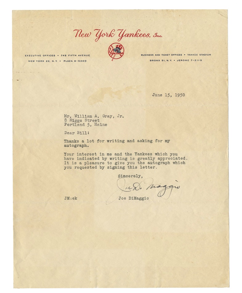 NY Yankees, Giants & Mets - 1950 Joe DiMaggio Signed Letter