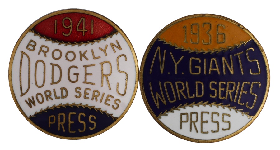 Baseball Memorabilia - 1936 NY Giants and 1941 Brooklyn Dodgers World Series Press Pins