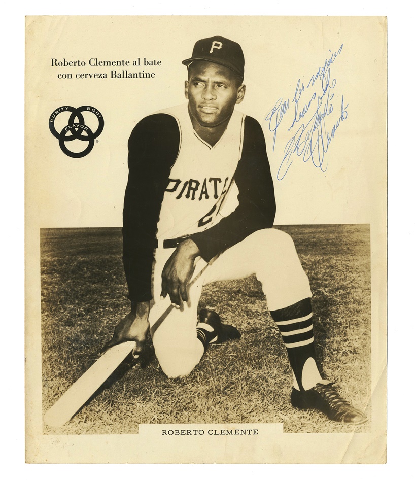 Baseball Autographs - Roberto Clemente Signed Ballantine Beer Photograph