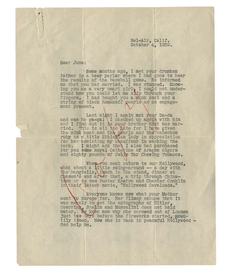 Rock And Pop Culture - W. C. Fields Letter with Great Content