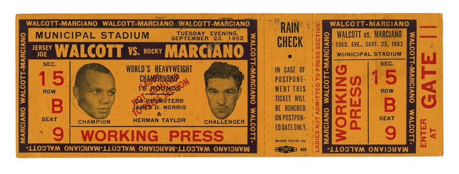 - 1952 Rocky Marciano vs. Jersey Joe Walcott Full Ticket
