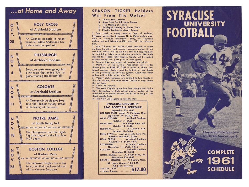 The Ike Kuhns Collection - Ernie Davis 1961 Syracuse Schedules (2)