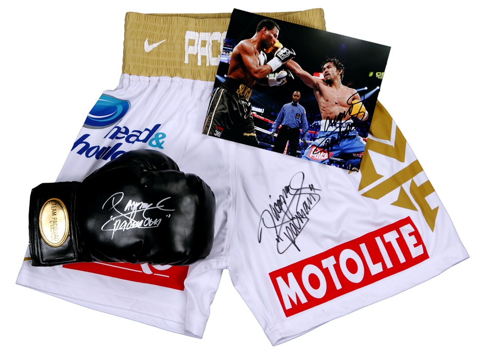 Manny Pacquaio Signed Photo, Glove and Trunks