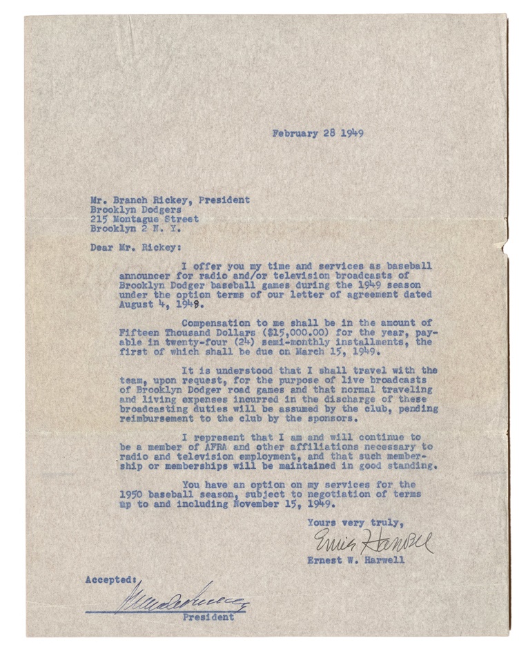 The Sal LaRocca Collection - Branch Rickey Signed Letter and Contract For Ernie Harwell
