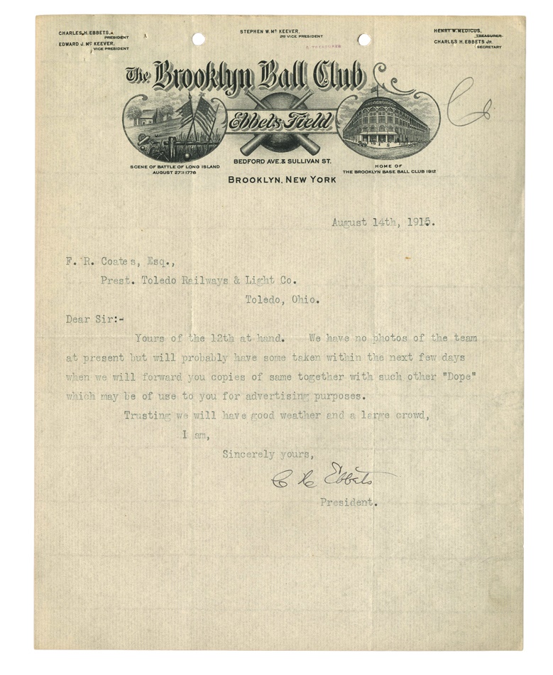 1915 Charles Ebbets Signed Letter