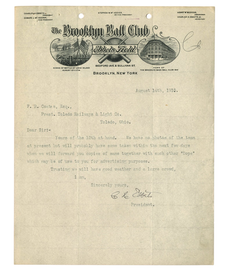 - 1915 Charles Ebbets Signed Letter