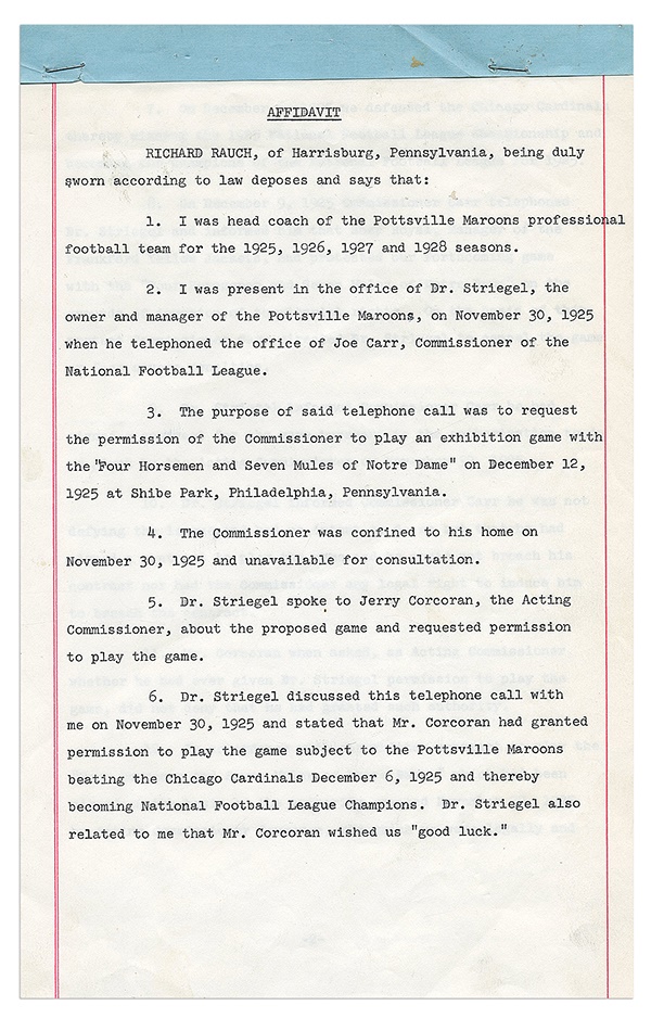 - Important 1925 Pottsville Maroons Signed Documnet