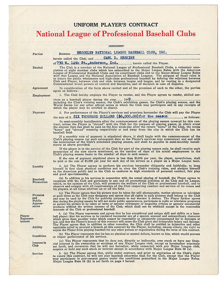 The Carl Erskine Collection - 1949 Carl Erskine Signed Brooklyn Dodgers Contract