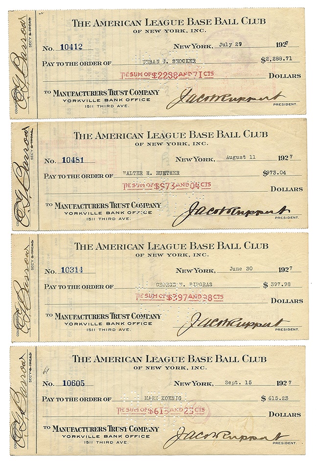 The Bert Sugar Collection - 1927 New York Yankees Signed Payroll Checks with Urban Shocker (4)