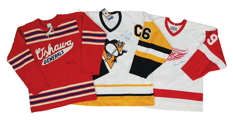 - Bobby Orr Oshawa Generals, Gordie Howe Detroit Red Wings & Mario Lemieux Pittsburgh Penguins Signed Hockey Jerseys (3)