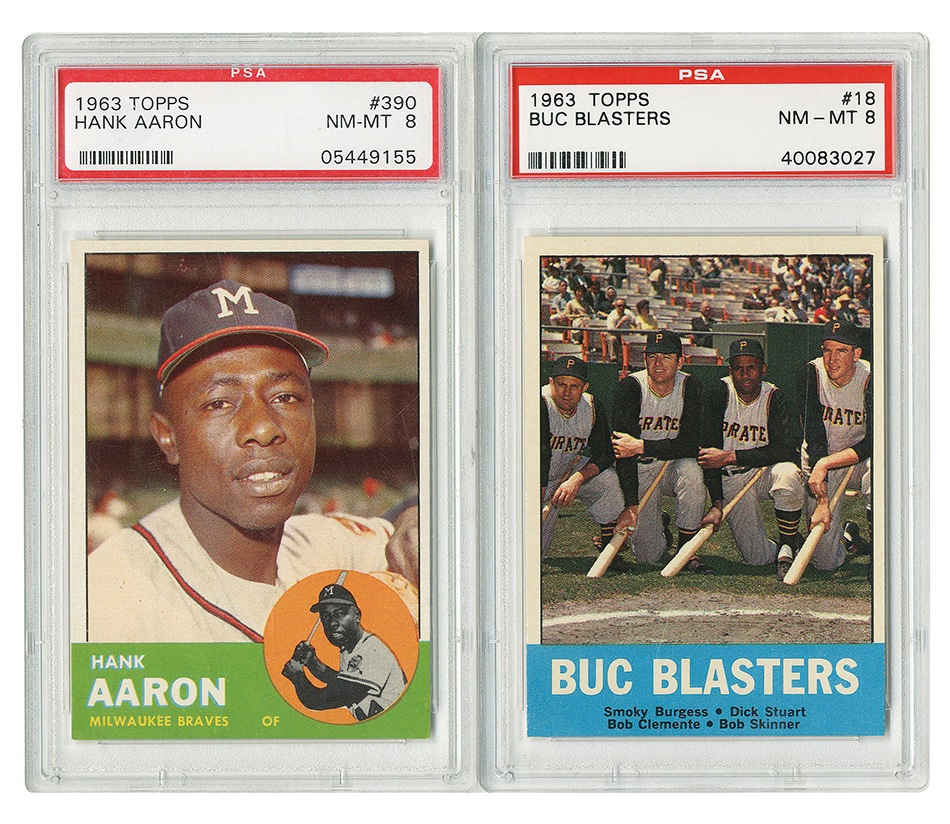 Sports and Non Sports Cards - 1963 Topps Hank Aaron #390 and Buc Blasters #18 PSA NM-MT (2)